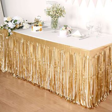 30"x9ft Matte Gold Metallic Foil Fringe Table Skirt, Self Adhesive Tinsel Table Skirt
