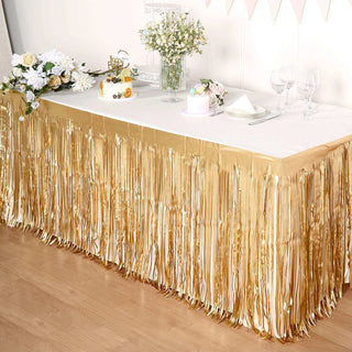Add a Touch of Elegance with the Matte Gold Metallic Foil Fringe Table Skirt Add a Touch of Elegance with the Matte Gold Metallic Foil Fringe Table Skirt