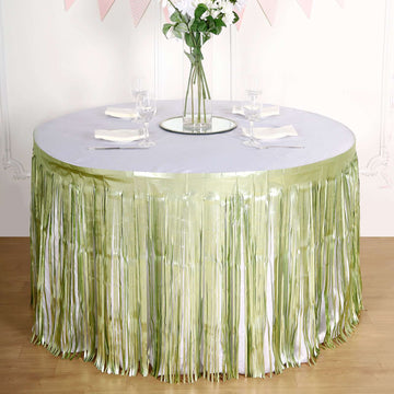 30"x9ft Matte Sage Green Metallic Foil Fringe Table Skirt, Self Adhesive Tinsel Table Skirt
