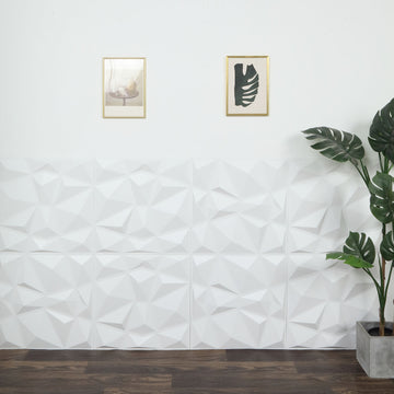 12 Pack 20"x20" Matte White 3D Texture PVC Diamond Design Wall Tiles, Stick On Waterproof Wall Panels
