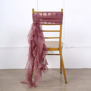 Versatile and Stylish Event Decor with the Mauve / Cinnamon Rose Chiffon Curly Chair Sash