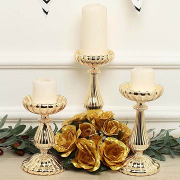 Set of 3 Mercury Gold Glass Pillar Candle Holder Stands, Votive Candle Centerpieces - 7", 8", 10"