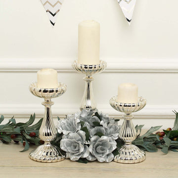 Set of 3 Mercury Silver Glass Pillar Candle Holder Stands, Votive Candle Centerpieces - 7", 8", 10"
