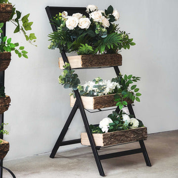 42" 3-Tier Metal Ladder Plant Stand With Natural Wooden Log Planters
