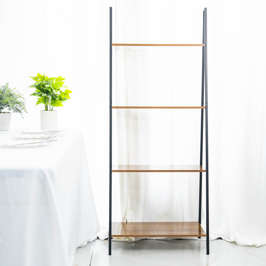 5ft 4-Tier Metal Leaning Ladder Bookshelf Stand With Natural Wood Racks for Events
