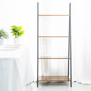 5ft 4-Tier Metal Leaning Ladder Bookshelf Stand With Natural Wood Racks - Stylish and Functional