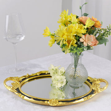Metallic Black Gold Oval Resin Decorative Vanity Serving Tray, Mirrored Tray with Handles - 14"x10"