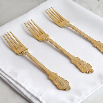 24 Pack Metallic Gold 8" Baroque Style Heavy Duty Plastic Forks