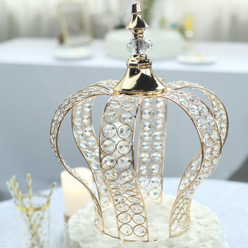 14" Metallic Gold Crystal-Bead Royal Crown Cake Topper, Centerpiece