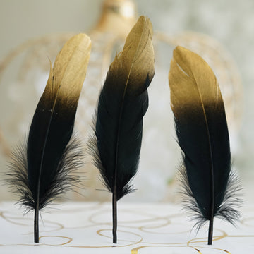 30 Pack Metallic Gold Dipped Black Real Goose Feathers, Craft Feathers For Party Decoration