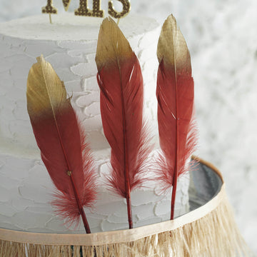 30 Pack Metallic Gold Dipped Burgundy Real Goose Feathers, Craft Feathers For Party Decoration