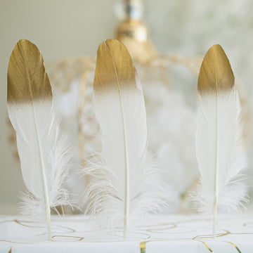 30 Pack Metallic Gold Dipped White Real Goose Feathers, Craft Feathers For Party Decoration