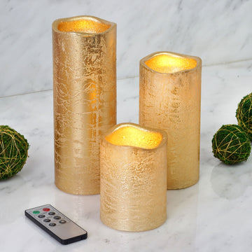 Set of 3 Metallic Gold Flameless LED Pillar Candles, Remote Operated Battery Powered - 4", 6", 8"