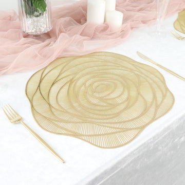 6 Pack 15" Metallic Gold Non Slip Vinyl Rose Flower Placemats, Round Washable Dining Table Mats