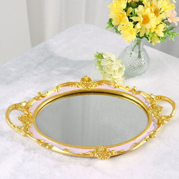Metallic Gold Pink Oval Resin Decorative Vanity Serving Tray, Mirrored Tray with Handles - 14"x10"