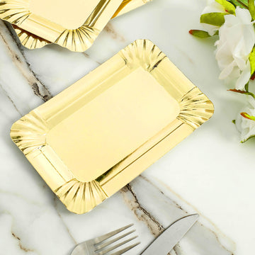 10 Pack Metallic Gold 6" Small Paper Cardboard Serving Trays, Rectangle Party Platters With Scalloped Rim - 400 GSM