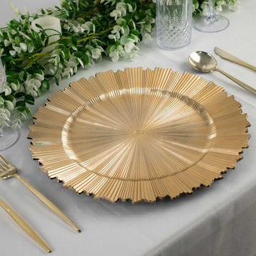 6 Pack 13" Metallic Gold Sunray Acrylic Plastic Charger Plates, Round Scalloped Rim Disposable Serving Trays