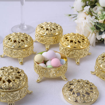 12 Pack 2.5" Metallic Gold Vintage Plastic Wedding Favor Boxes, Round Party Gift Candy Containers