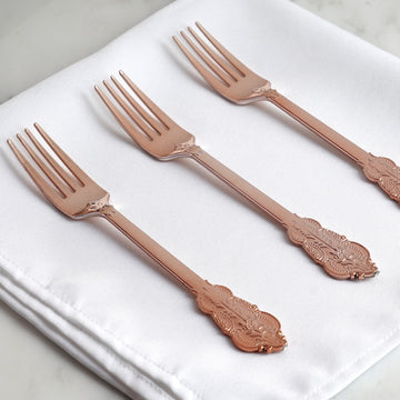 24 Pack Metallic Rose Gold 8" Baroque Style Heavy Duty Plastic Forks