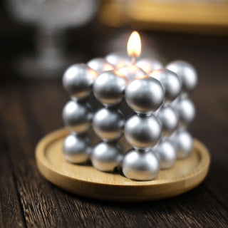 Elegant Metallic Silver Bubble Cube Candle Set