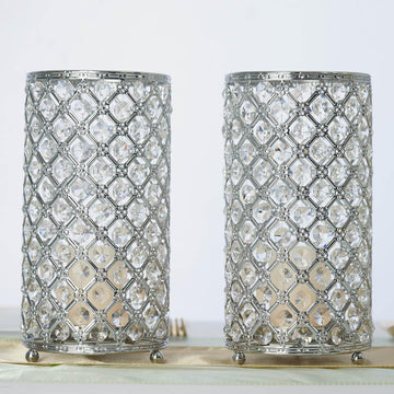 2 Pack 9” Metallic Silver Crystal Beaded Pillar Votive Candle Holder Set, Multipurpose Crystal Flower Stem Vase