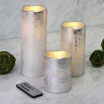 Set of 3 Metallic Silver Flameless LED Pillar Candles, Remote Operated Battery Powered - 4", 6", 8"