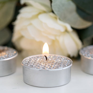 9 Pack Metallic Silver Tealight Candles, Unscented Dripless Wax - Textured Design