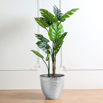 12" Metallic Silver Textured Finish Large Indoor Flower Plant Pot, Decorative Indoor Outdoor Planter
