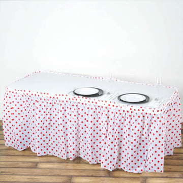 14ft 10 Mil White Red Polka Dots Pleated Plastic Table Skirts, Disposable Table Skirt Spill Proof