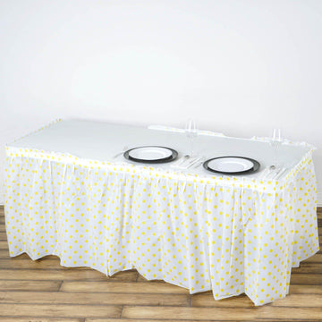 14ft 10 Mil White Yellow Polka Dots Pleated Plastic Table Skirts, Disposable Table Skirt Spill Proof