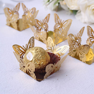 50 Pack 4" Mini Metallic Gold Butterfly Cupcake Wrappers, Square Truffle Cup Dessert Tray Liners - 225GSM