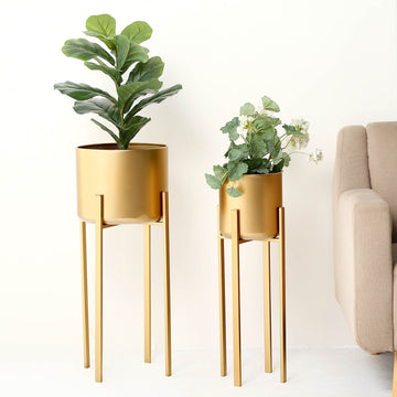 Set of 2 Modern Gold Metal Planter Stands, Decorative Indoor Plant Pots - 25", 27"