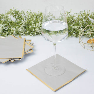 Gray Soft 2 Ply Disposable Cocktail Napkins with Gold Foil Edge