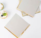 50 Pack | 2 Ply Soft Gray With Gold Foil Edge Dinner Paper Napkins