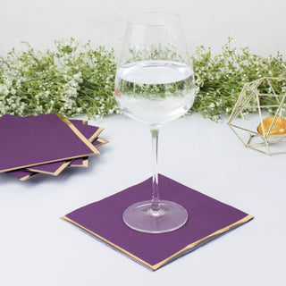 Purple Disposable Cocktail Napkins with Gold Foil Edge