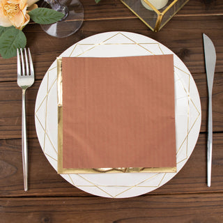 Terracotta (Rust) Soft 2 Ply Disposable Cocktail Napkins with Gold Foil Edge