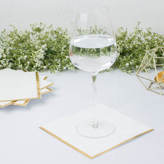 White Soft 2 Ply Disposable Cocktail Napkins with Gold Foil Edge