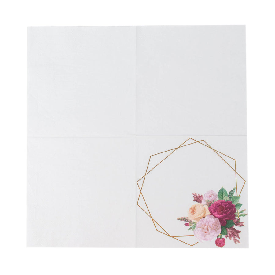 20 Pack | 2 Ply Soft White / Gold Hexagon Frame Floral Paper Napkins