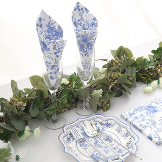 Highly Absorbent White Blue Chinoiserie Floral Print Napkins