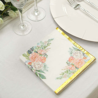 White Gold Trim Pink Peony Floral Design Cocktail Napkins White Gold Trim Pink Peony Floral Design Cocktail Napkins