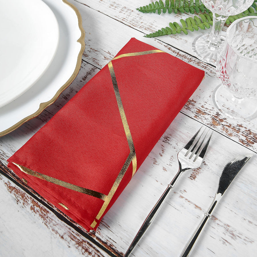 5 Pack | Modern Red & Geometric Gold Cloth Dinner Napkins | 20x20Inch