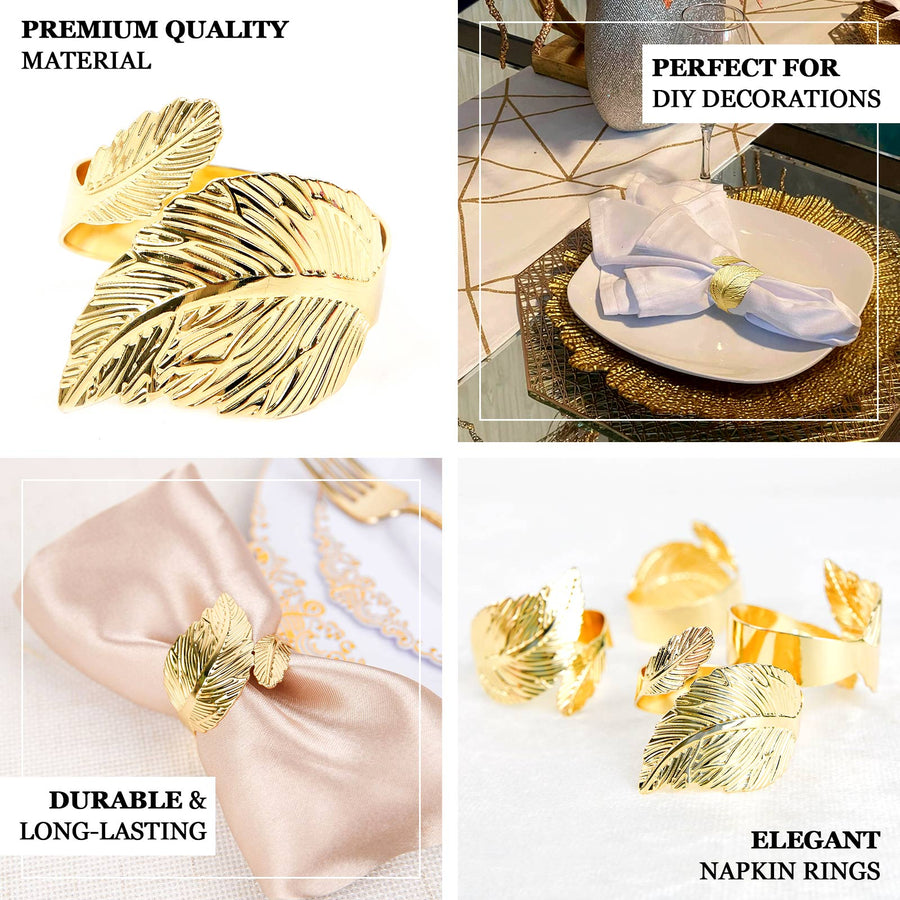 4 Pack Metallic Gold Ornate Leaf Napkin Rings, Linen Napkin Holders
