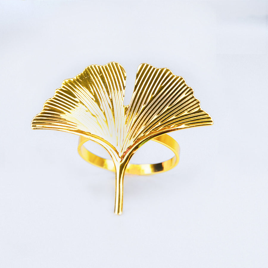 4 Pack | Gold Ginkgo Leaf Napkin Rings, Linen Napkin Holders - Metallic Ornate Design