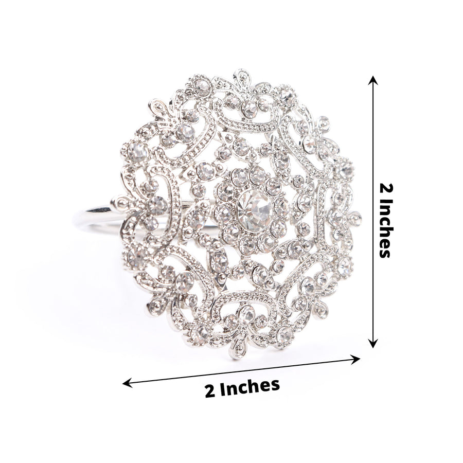4 Pack | Diamond Rhinestone Silver Metal Flower Napkin Rings