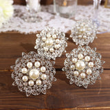4 Pack | Pearl And Diamond Rhinestone Flower Silver Metal Napkin Rings