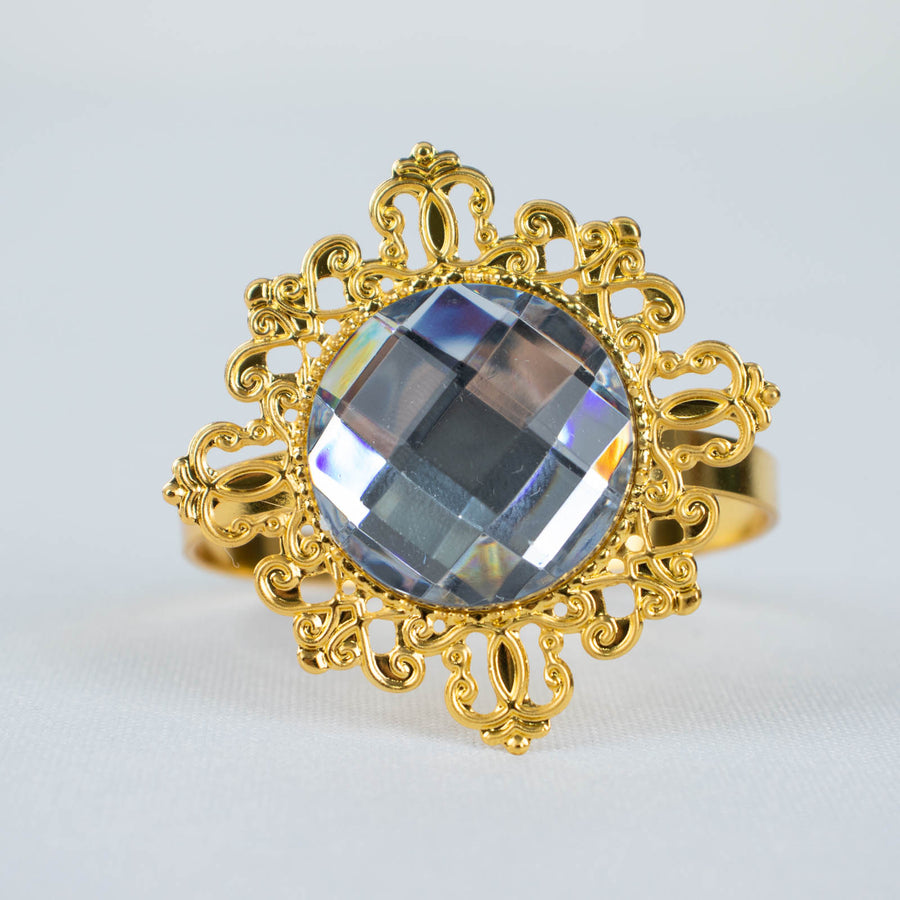 6 Pack | 2inch Gold Metal Clear Crystal Rhinestone Napkin Rings, Diamond Bling Napkin Holders
