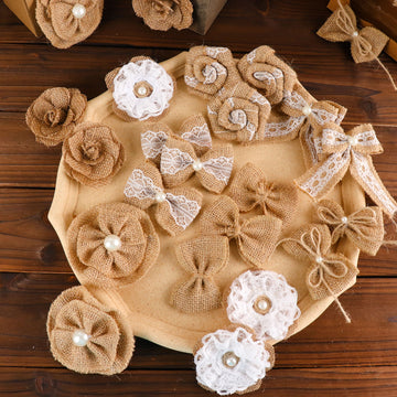 24 Pcs Natural Burlap Flower and Bows Set w Lace Ribbon Craft Supplies, DIY Jute Stick On Ribbon and Bows, 30 Sticker Dots Included, 8 Assorted Styles