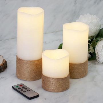 Set of 3 Natural Flameless LED Pillar Candles, Remote Operated Battery Powered - 4", 6", 8"