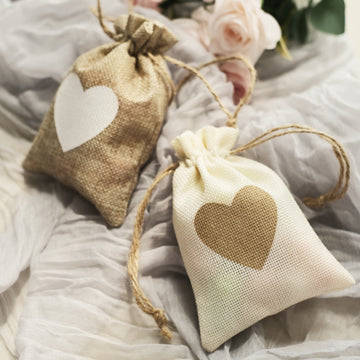 20 Pack 4"x5" Natural Ivory Heart Design Jute Burlap Gift Bags With Drawstring, Rustic Wedding Party Favor Bags