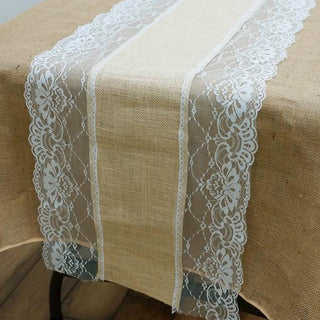 Natural Jute Burlap Table Runner with White Lace Edges
